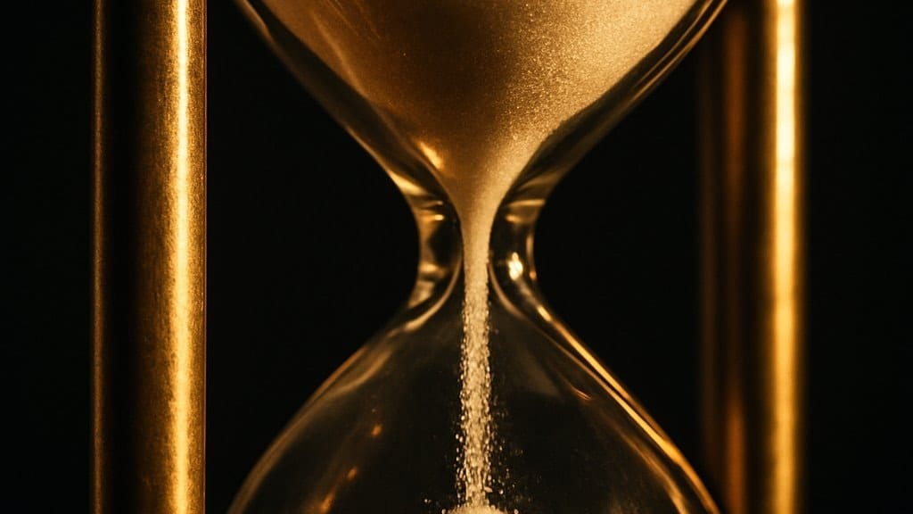 Close-up of an hourglass with sand running through it, lit gold